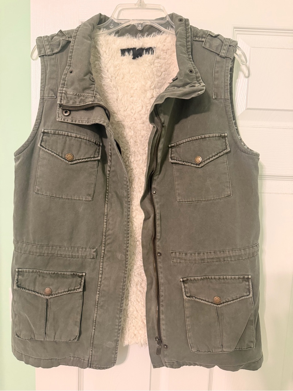 Women’s Tinsel Denim Couture Olive Green Utility Vest with Sherpa Lining